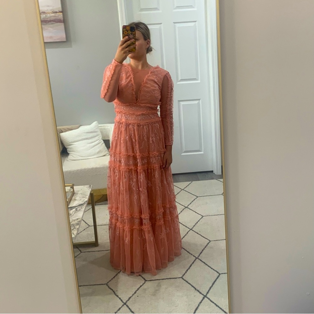 NWT BCBGMAXAZARIA Dress Blush Maxi Tiered Gown in Pink Metallic